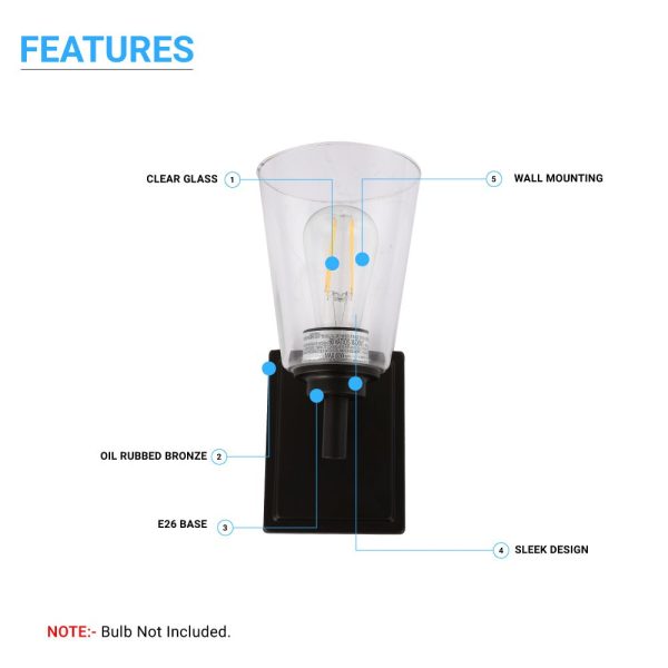 Flared Shape Bathroom Light Fixtures with Clear Glass Shade, E26 Base, UL Listed for Damp Location, Wall Mount, Bathroom Vanity Lighting on Sale - Image 5